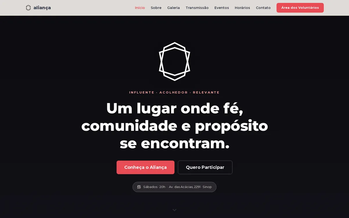 Primeira dobra do site institucional da Aliança, em fundo claro, com a marca centralizada e chamadas para conhecer a comunidade e participar.
