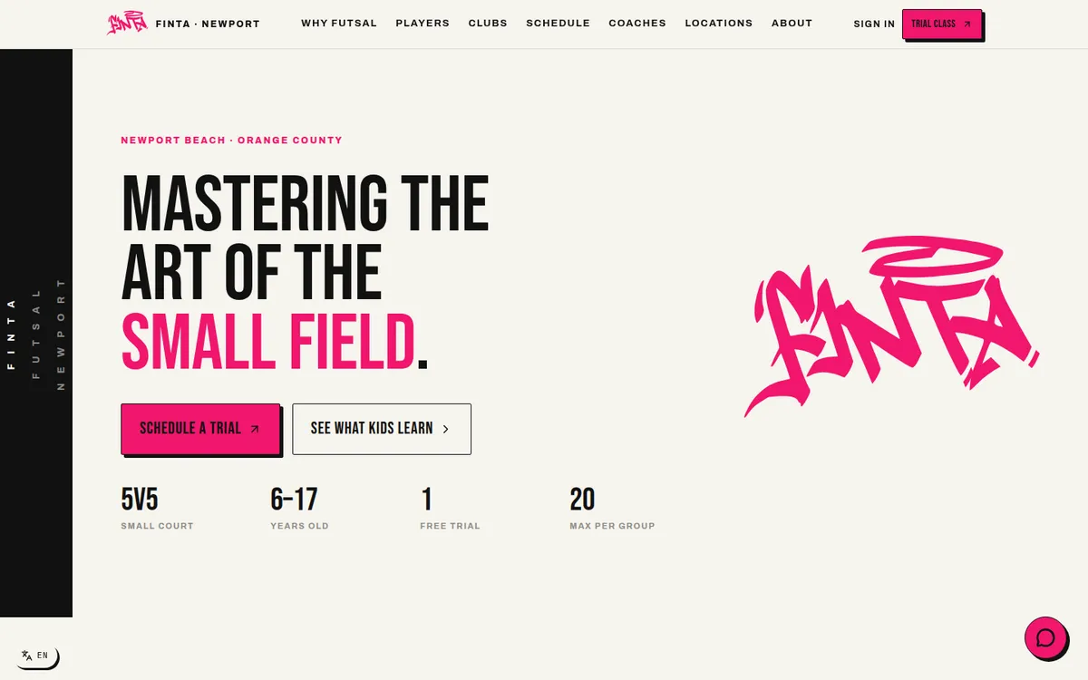 Primeira dobra do site da Finta Futsal, com o nome do projeto em tipografia condensada sobre fundo claro e destaque em rosa.